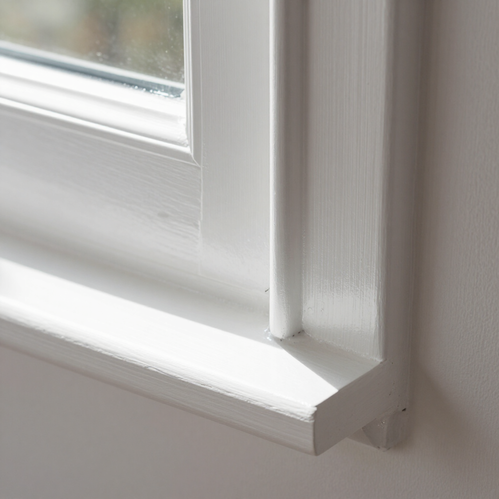 White window frame and sill with a vertical trim detail in soft daylight