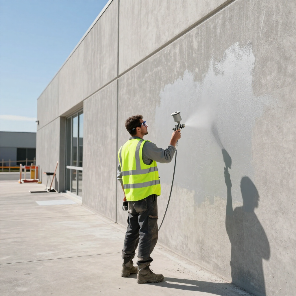 Worker in a neon safety vest spray-painting a concrete wall outside a building