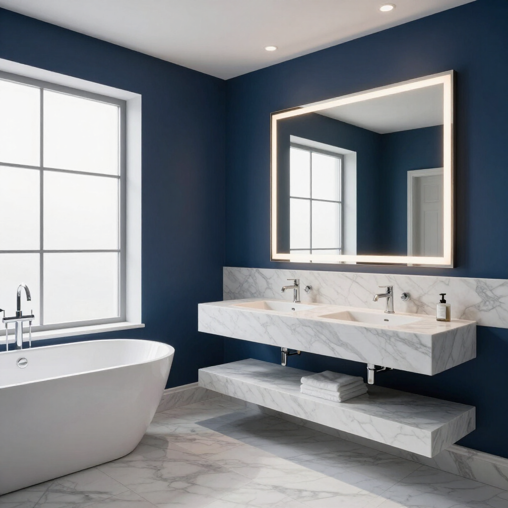 Modern bathroom with navy walls, marble vanity, freestanding tub, and large mirror