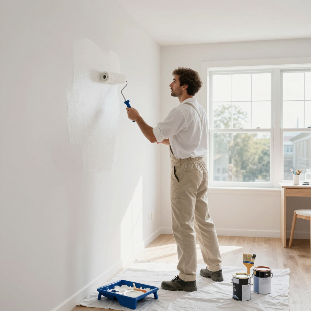 Person painting a white wall in a bright room, with paint supplies on the floor.