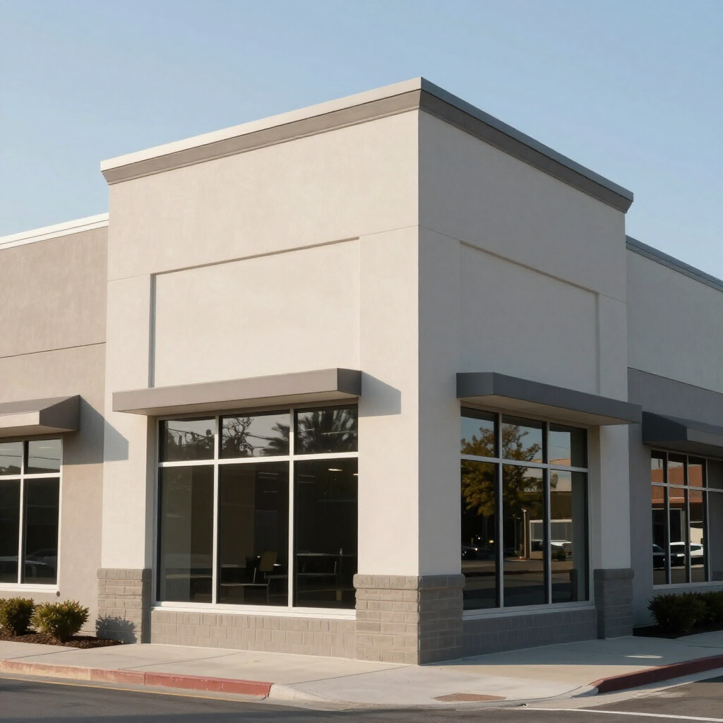 Empty storefront exterior with beige walls, dark window awnings, and large glass windows at a corner strip mall