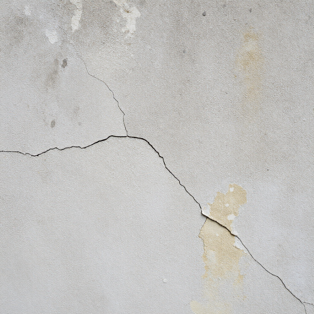 Cracked light gray concrete wall with a small yellowish stain