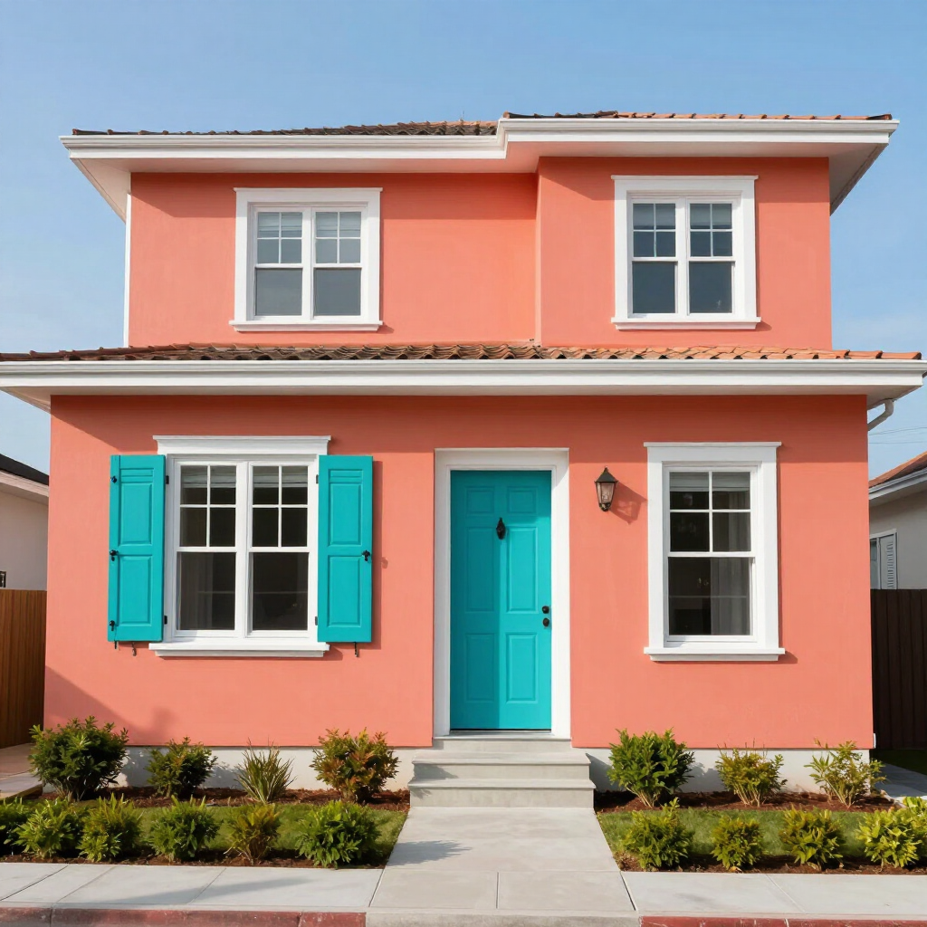 Bright coral two-story house with turquoise door and shutters, white trim, and a front walkway