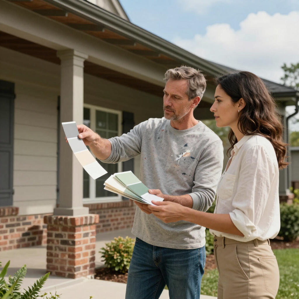 Two people reviewing house plans outside a suburban home