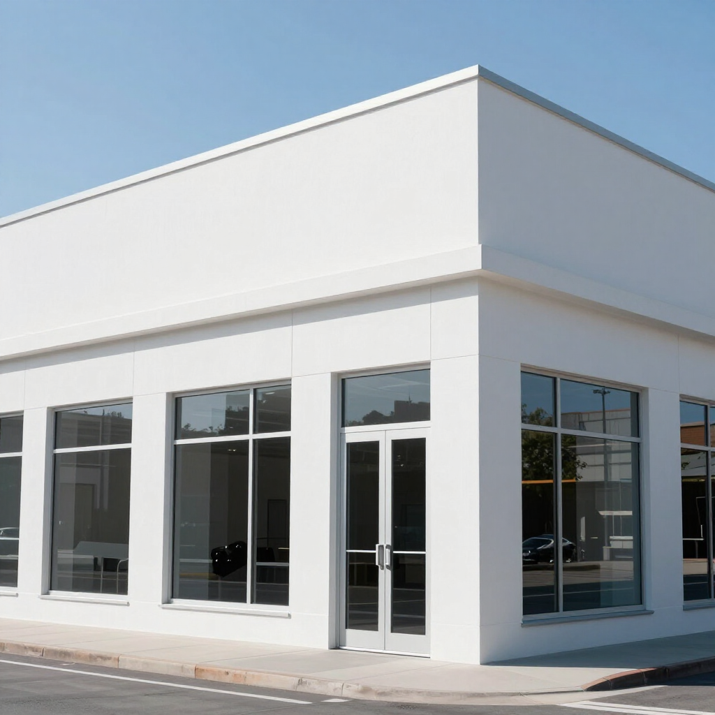 White modern storefront with large windows and glass doors on a sunny street corner