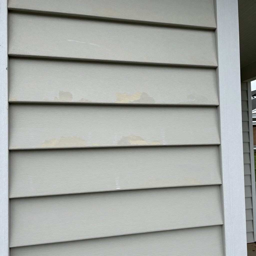 White house siding with several faint yellowish stains near the center and bottom panels