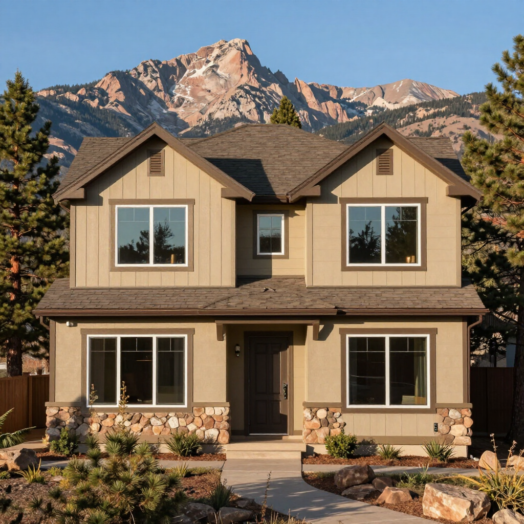 Two-story beige house with mountain backdrop and landscaped front yard