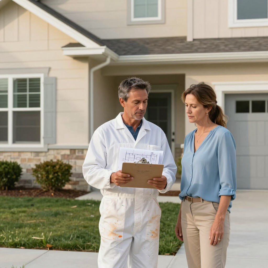 Two people reviewing house plans outside a suburban home
