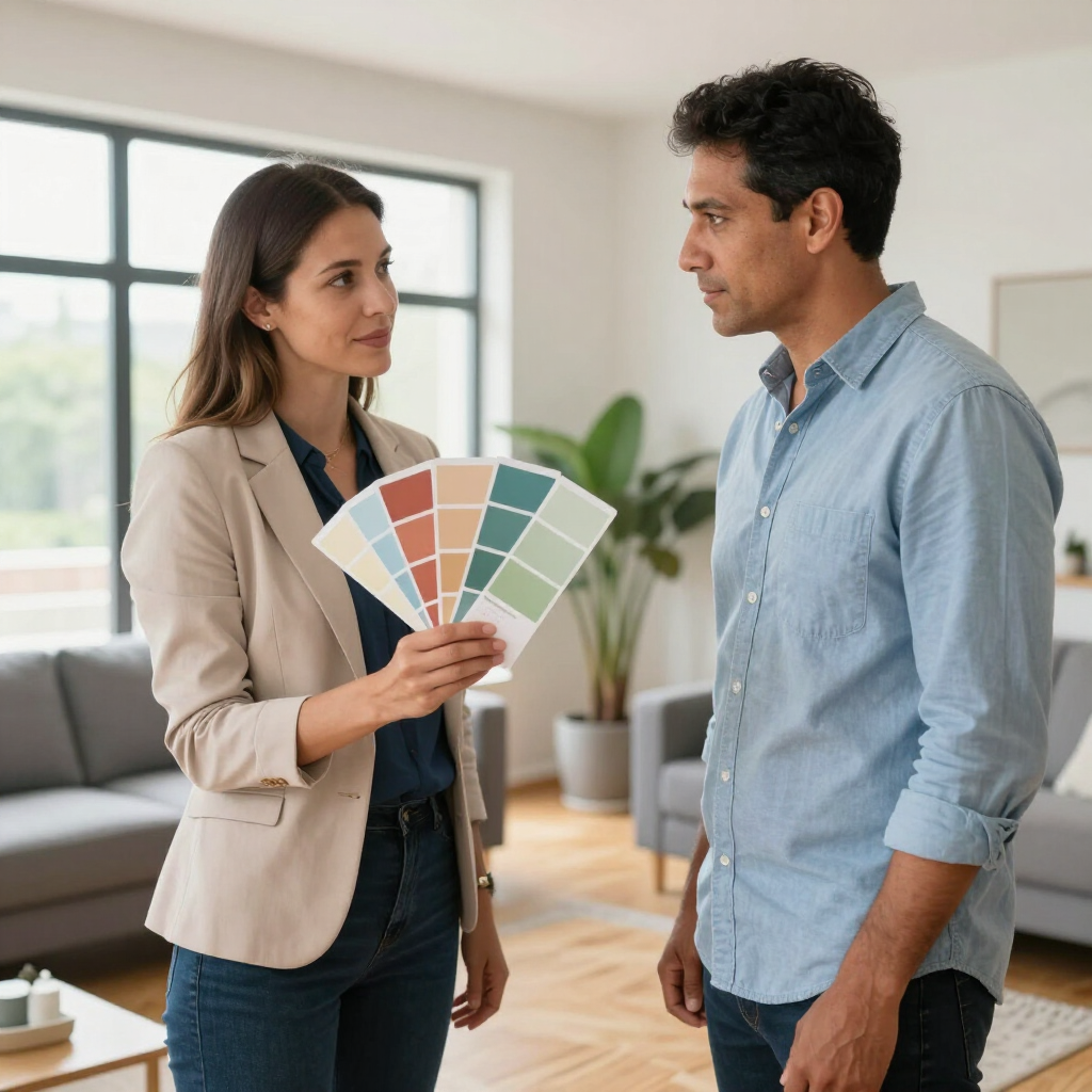 Two people discuss paint swatches in a bright room, with a woman holding a color fan.