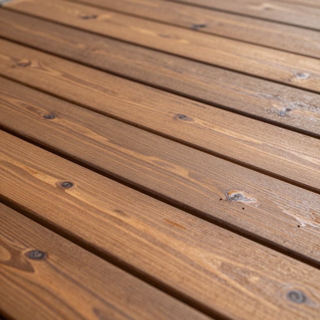 Close-up of brown wooden deck boards with visible grain and knots