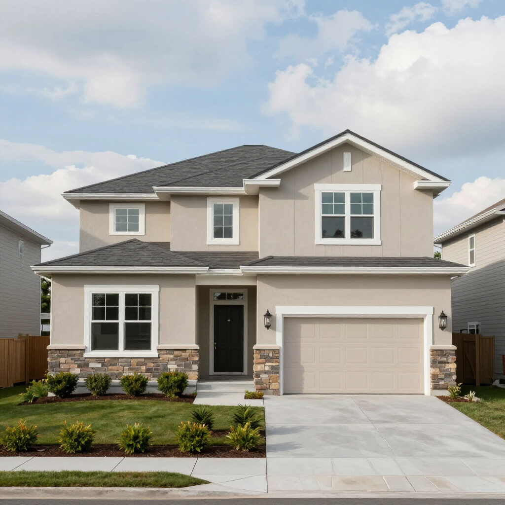 Two-story beige suburban house with a front porch, garage, and landscaped lawn under a partly cloudy sky