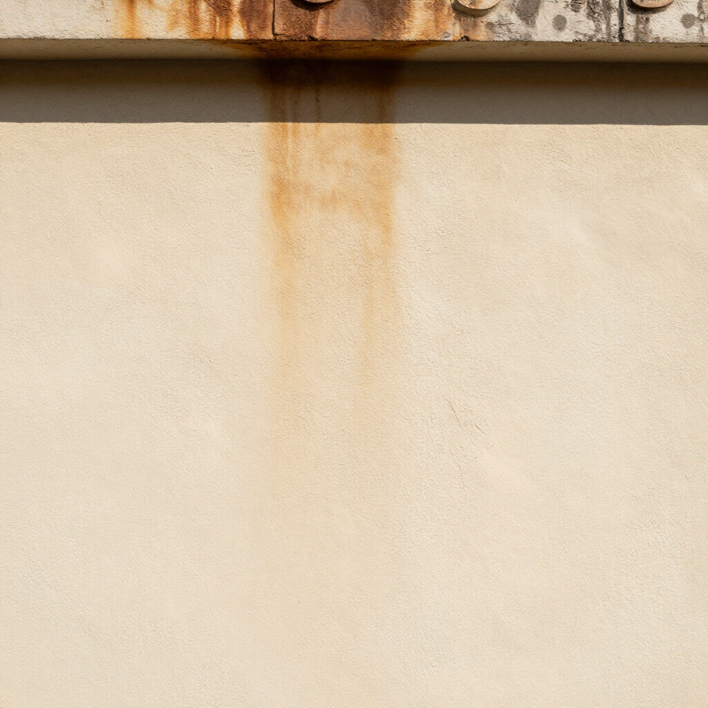 Stained beige wall beneath a ledge, with a rust-colored streak running downward.