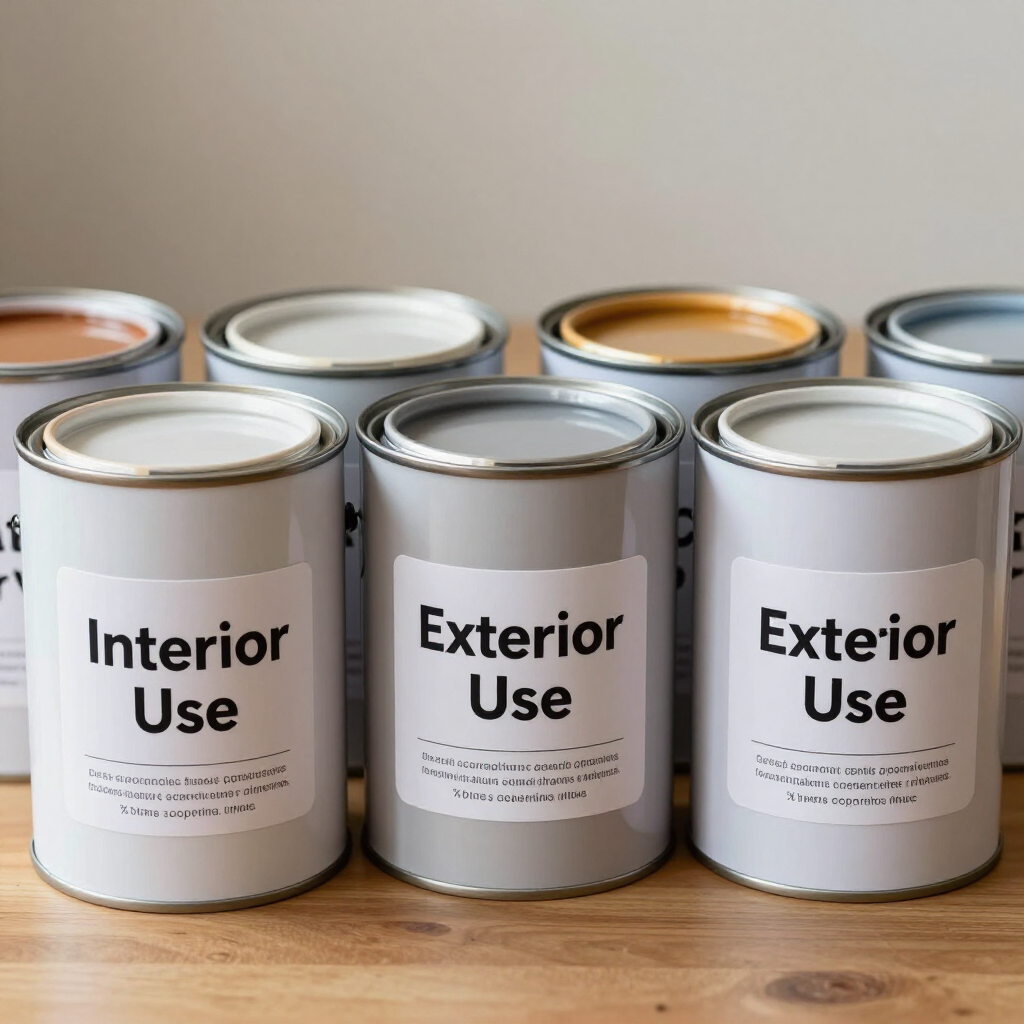 Three paint cans labeled Interior Use and Exterior Use in white, gray, and tan lids on a tabletop
