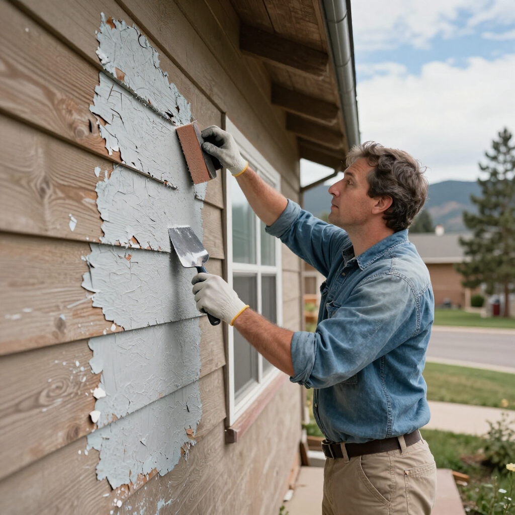 Person scraping old paint from exterior house siding with a putty knife and scraper under the eaves