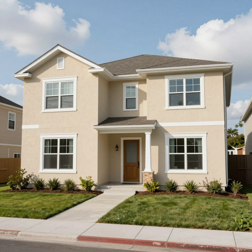 Two-story beige house with white trim, front porch, and a paved walkway under a partly cloudy sky