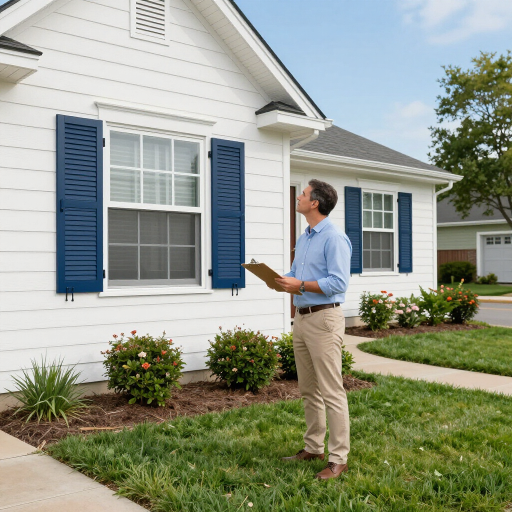 Man inspecting white house exterior with blue shutters and clipboard in front yard