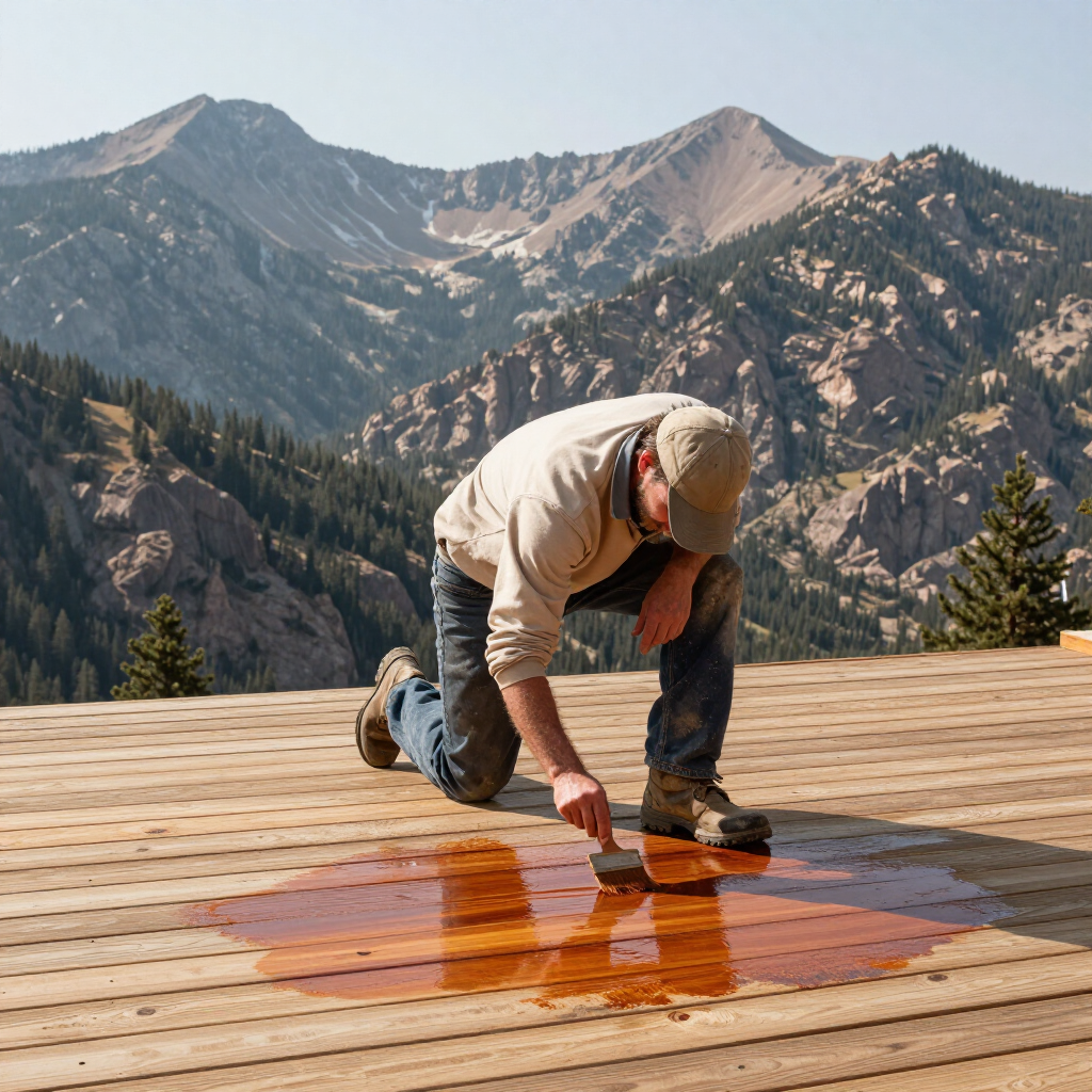 Worker kneeling on a wooden deck, applying orange stain with a brush against a mountain backdrop