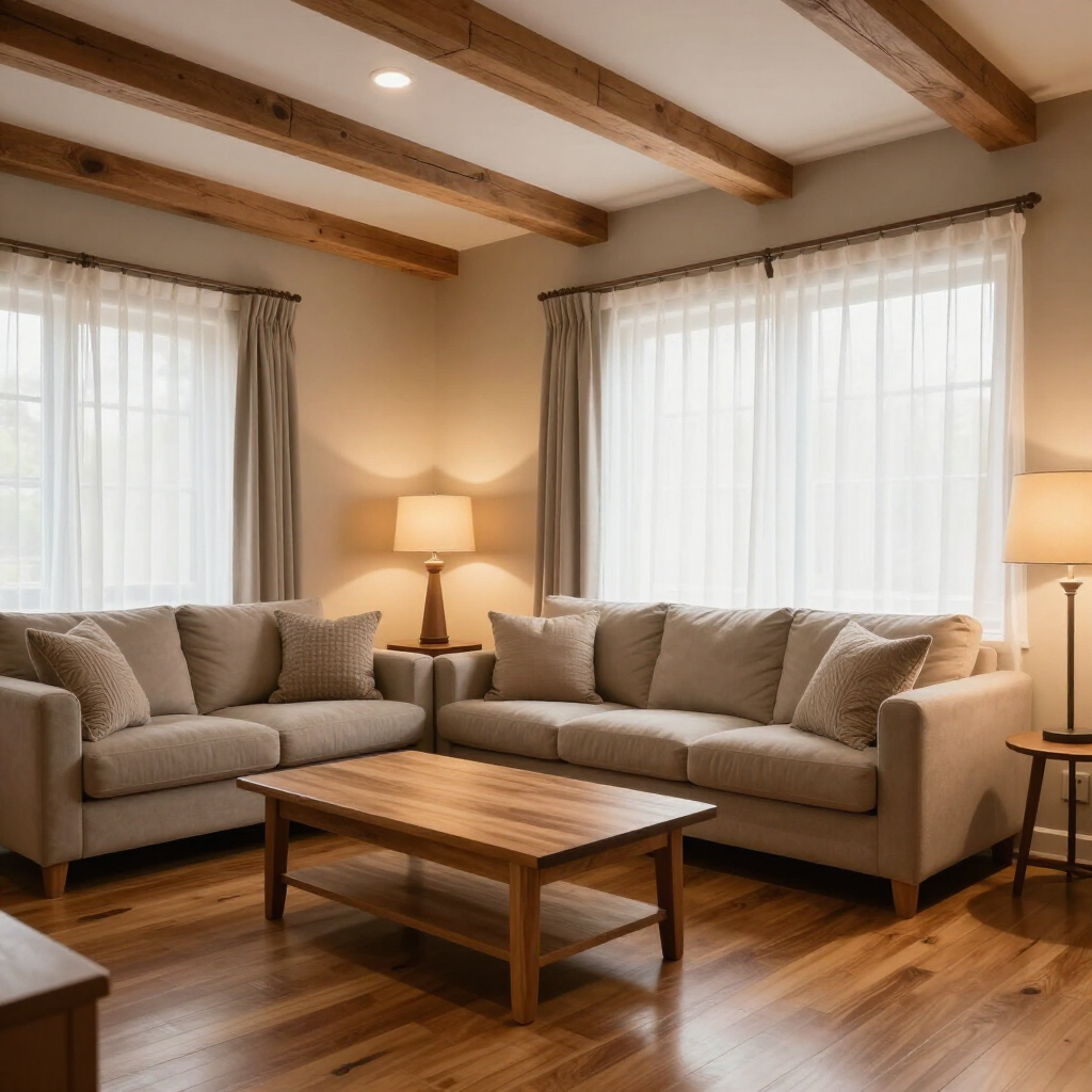 Cozy living room with beige sectional sofa, wooden coffee table, floor lamps, and exposed wood ceiling beams