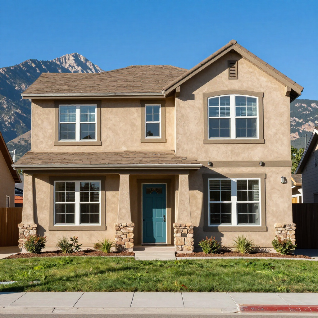 Two-story beige house with teal front door and mountain backdrop