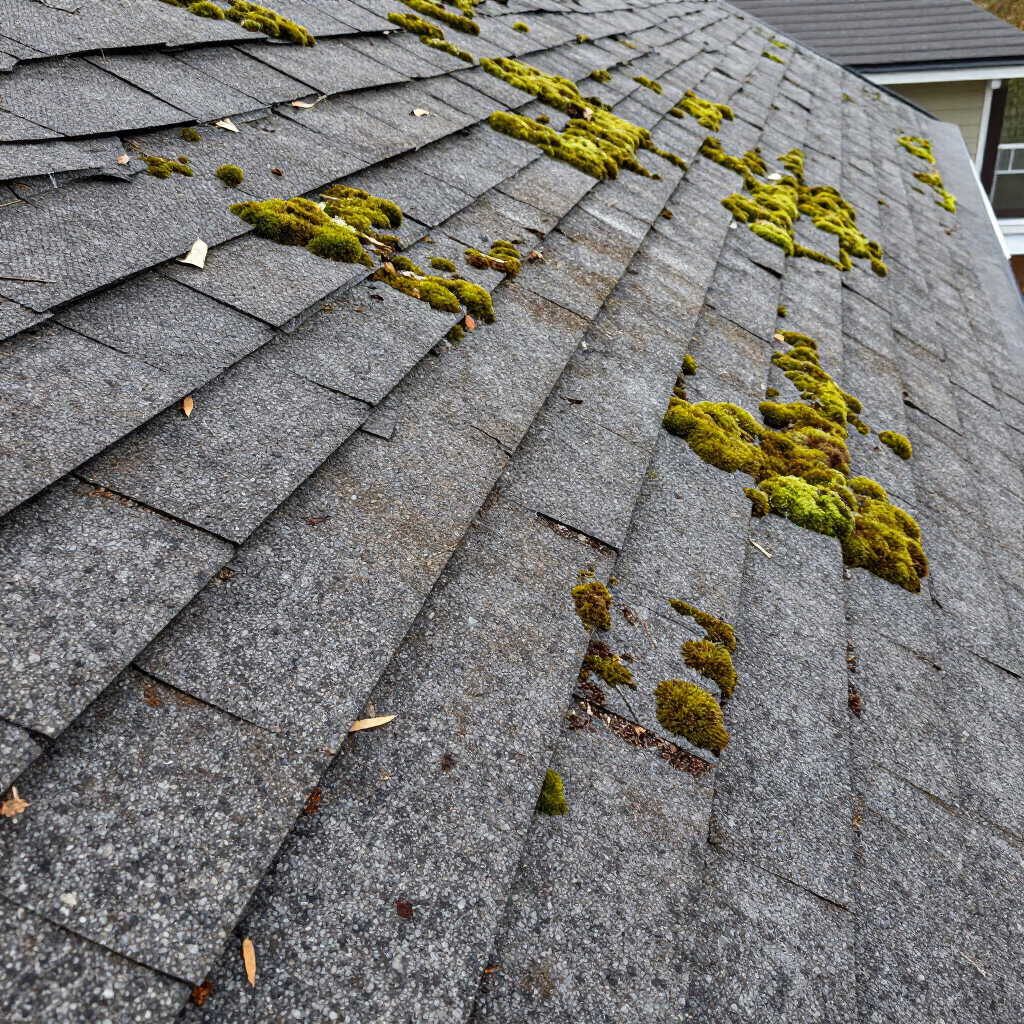 Gray shingled roof with patches of green moss and scattered leaves