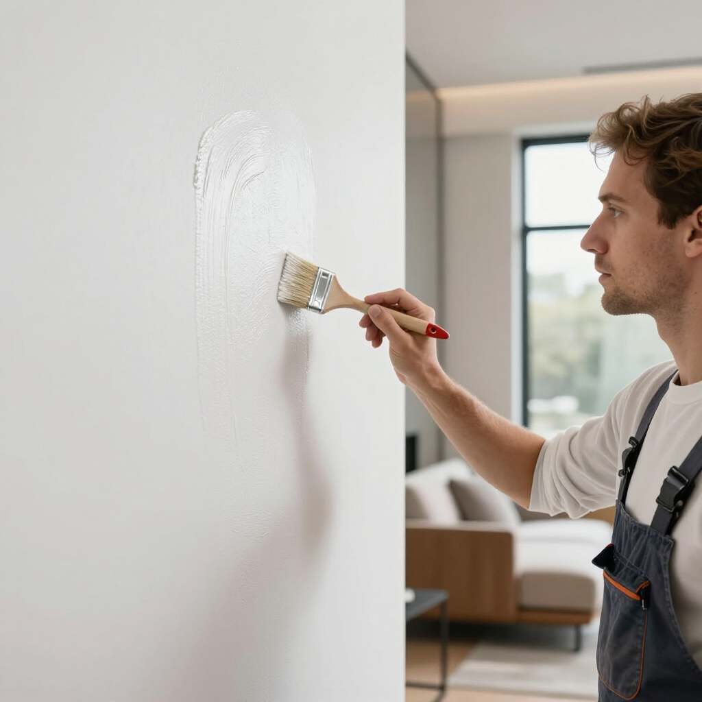 Person painting a white wall with a brush in a bright living room