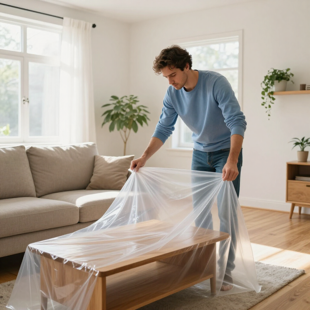 Man wrapping a wooden coffee table in clear plastic in a bright living room