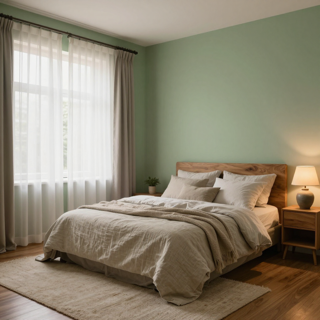 Cozy bedroom with a bed, bedside lamp, soft green walls, and sheer curtains filtering daylight.