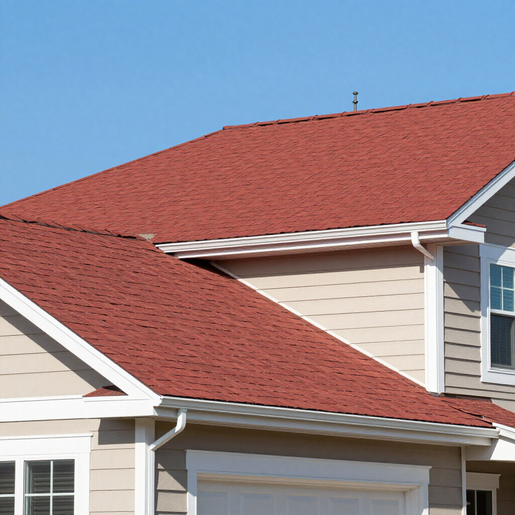 Red shingle roof and beige house siding against a clear blue sky