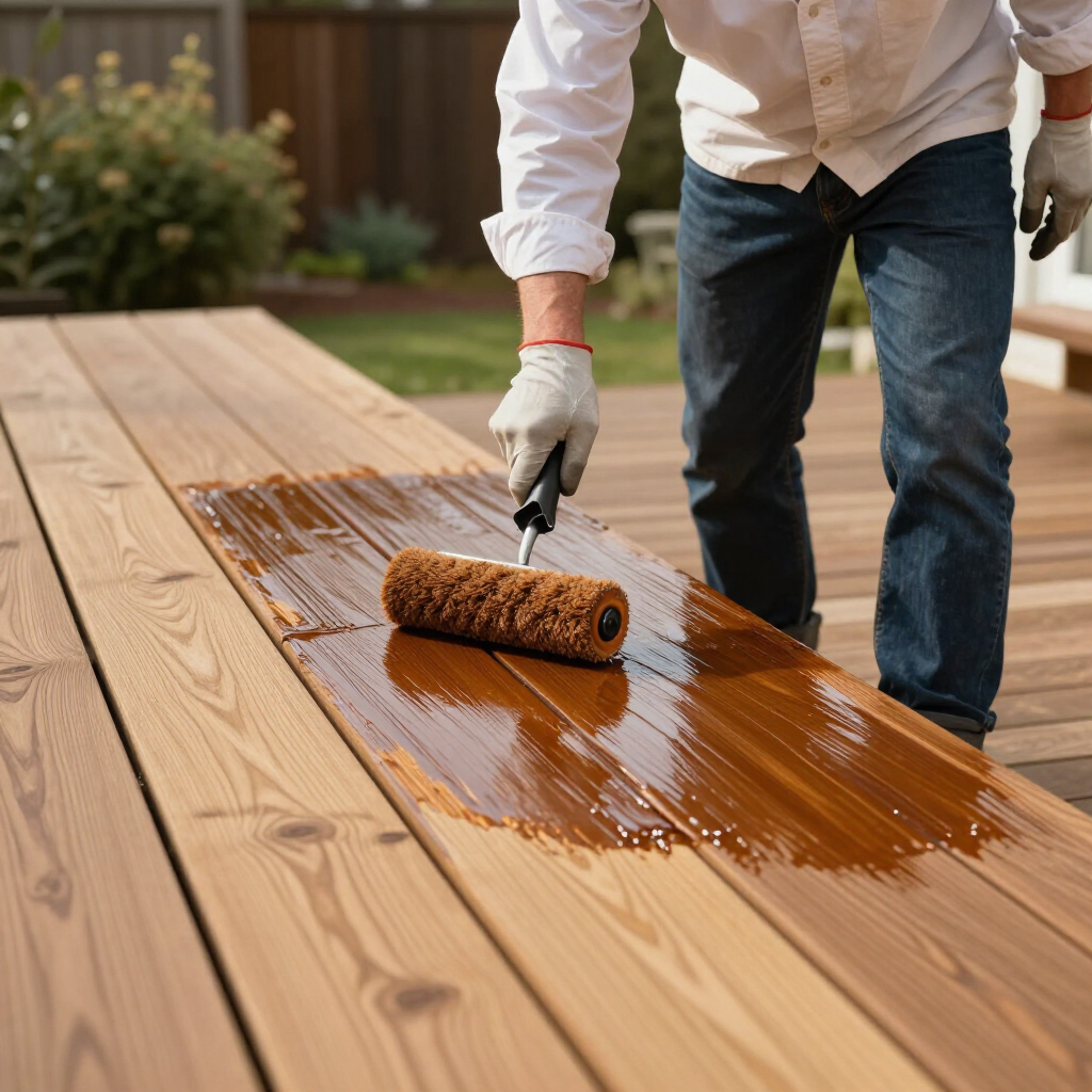 Person staining a wooden deck with a roller, applying a glossy brown finish outdoors.