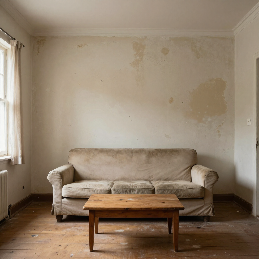 Sparse living room with worn beige sofa, wooden coffee table, and peeling wall paint