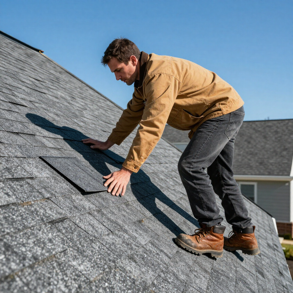 Worker inspecting roof shingles on a steep gray rooftop under a clear blue sky
