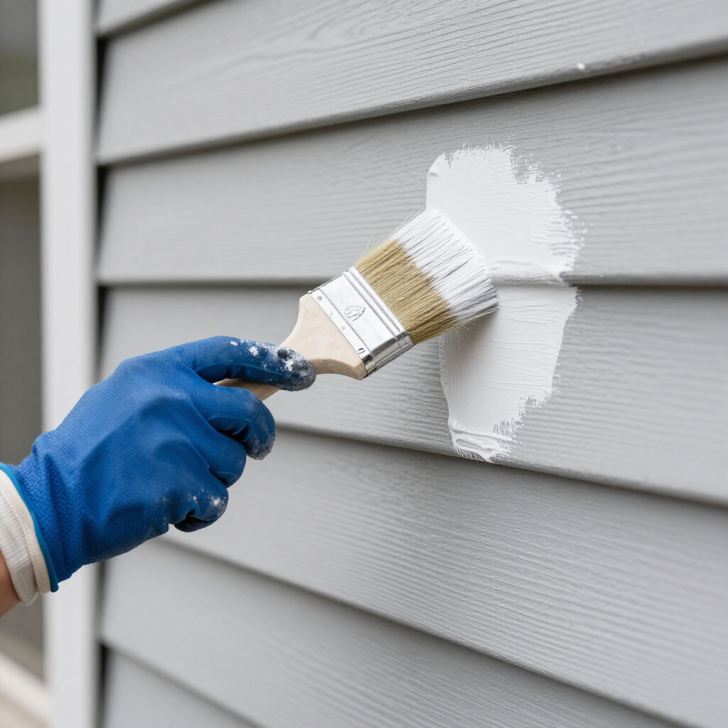 Gloved hand painting gray siding with white paint using a brush