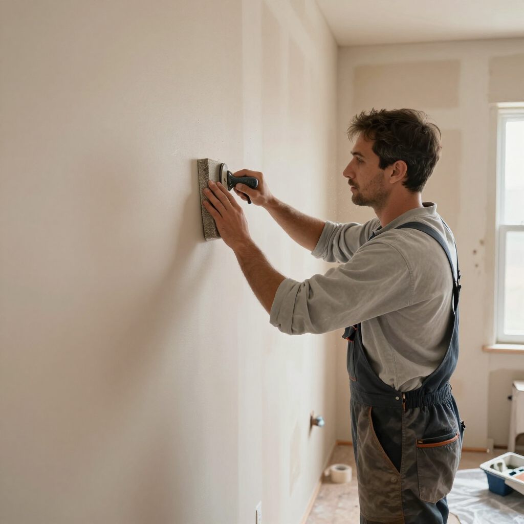 Man hanging a framed item on a wall in a bright room, using a level and tape measure