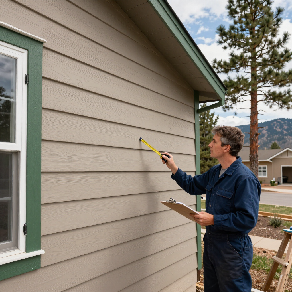 Man painting beige house siding with a yellow brush, clipboard in hand.
