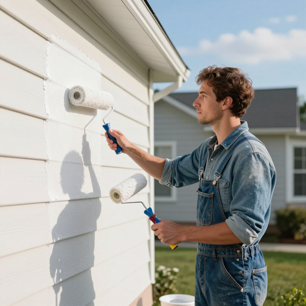 Painter applying white paint to a house exterior with a roller.