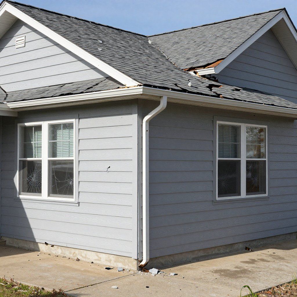 Gray house exterior with damaged roof shingles near the peak and white-trimmed windows.