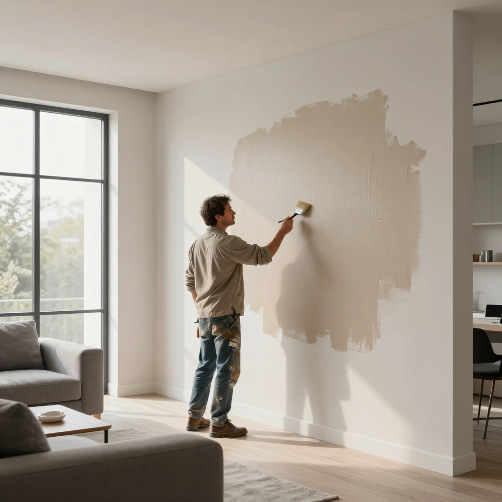 Person painting a beige wall in a bright living room near a large window