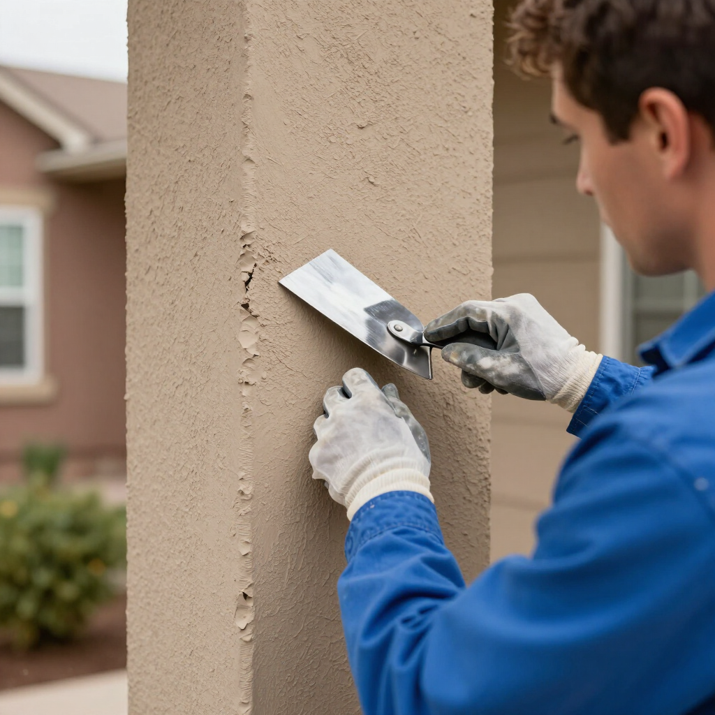 Worker applying plaster to a beige exterior wall with a trowel