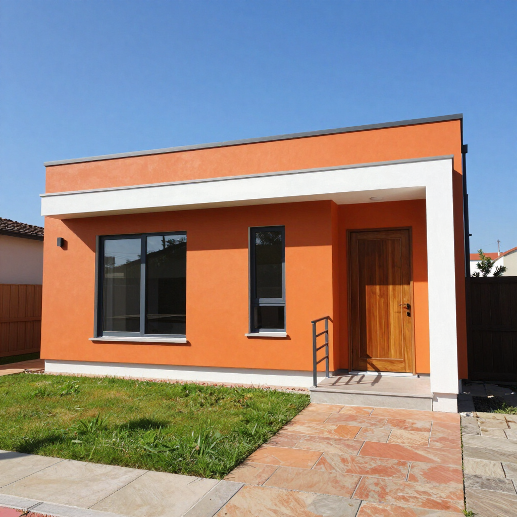 Small modern orange house with white trim, front door, windows, and a tiled walkway.