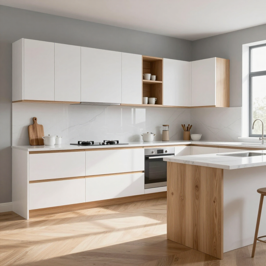 Modern white kitchen with wood accents, island, window light, and minimalist cabinets