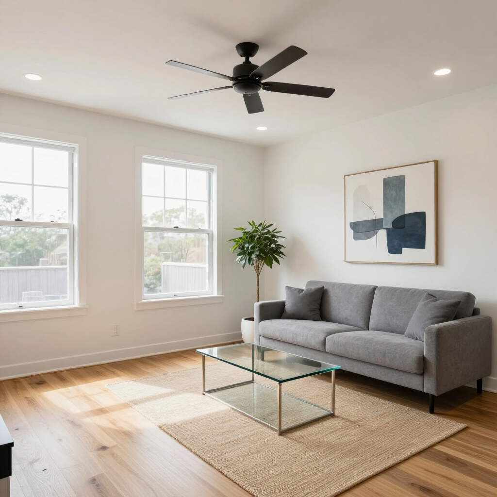 Bright modern living room with gray sofa, glass coffee table, abstract wall art, and ceiling fan
