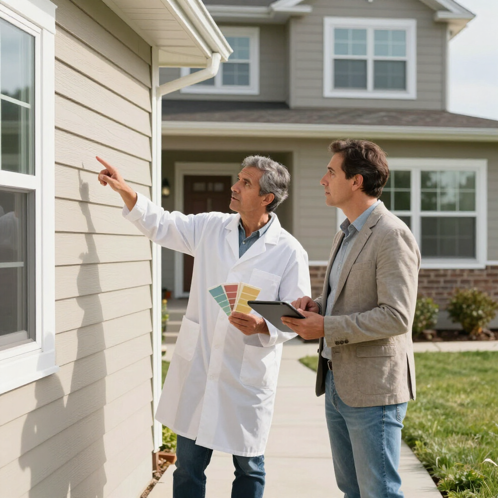 Two people inspect a house exterior, one pointing at the siding while holding color samples and a clipboard.
