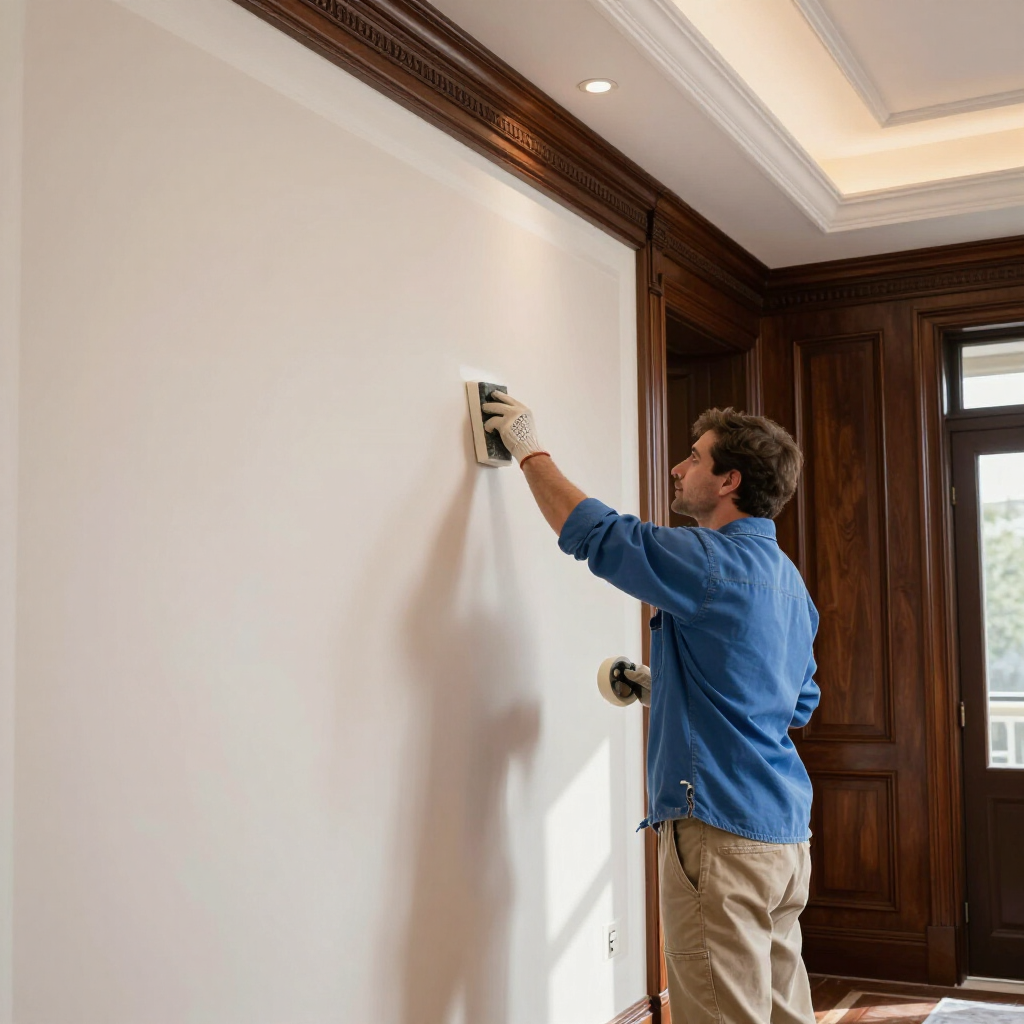 Man painting a white wall in a room with dark wood trim and a window.