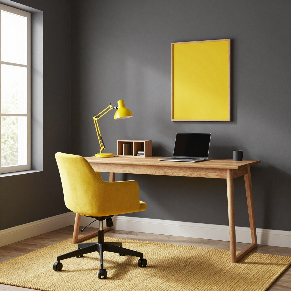 Yellow chair and desk in a minimalist home office with gray walls, laptop, lamp, and framed yellow artwork.