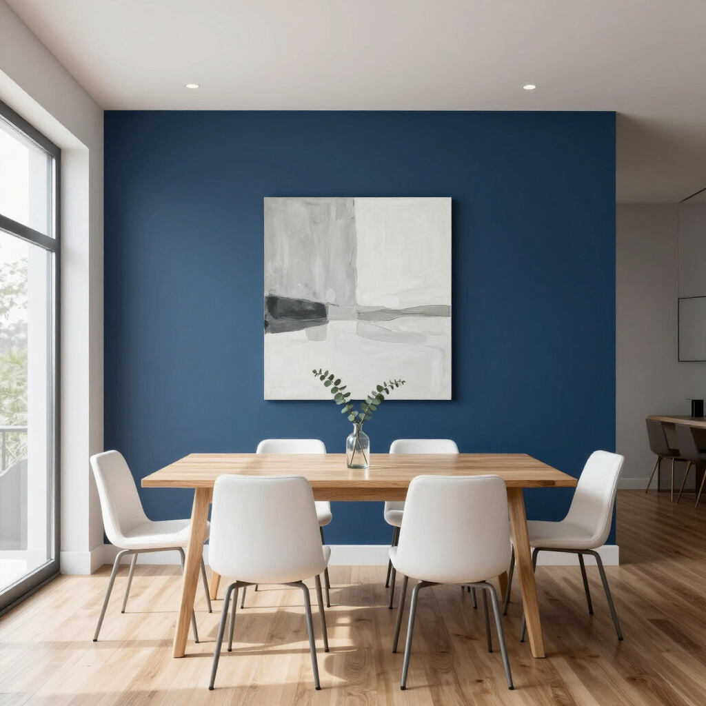 Modern dining room with blue accent wall, wooden table, white chairs, and abstract wall art