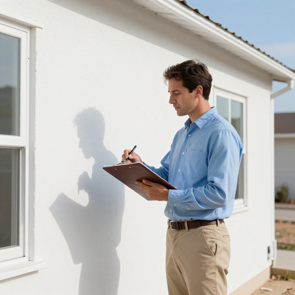 Man in blue shirt taking notes on a clipboard beside a white house in bright sunlight