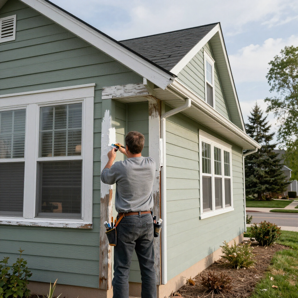 Person painting the exterior trim of a light green house on a ladder