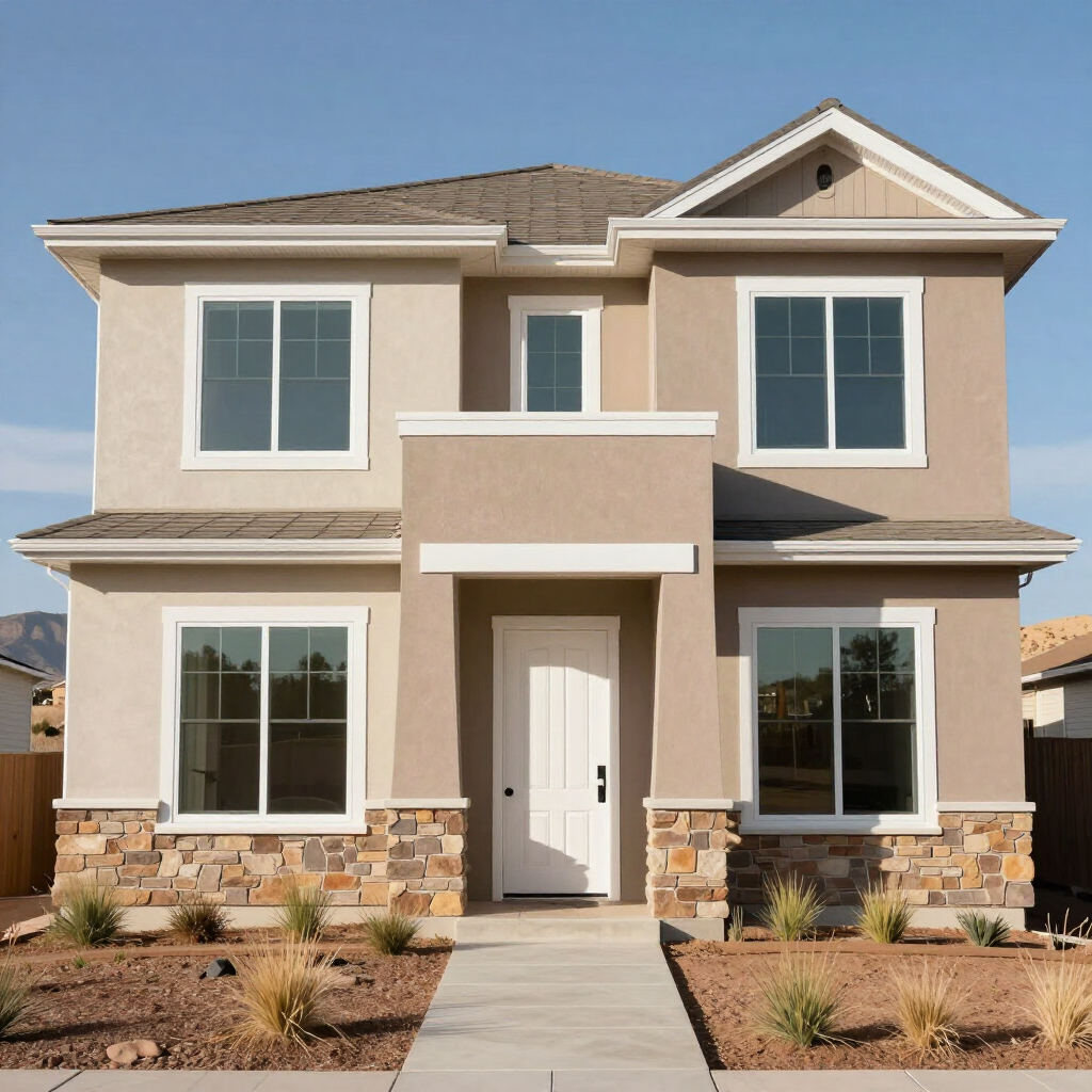 New beige two-story house with stone accents and a centered front entry
