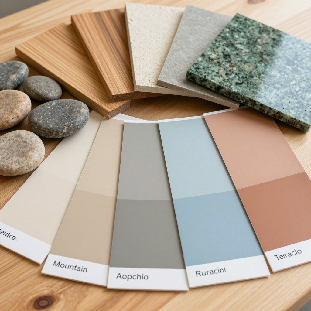 Assorted stone and wood material samples arranged in a fan on a tabletop, with labeled finish swatches