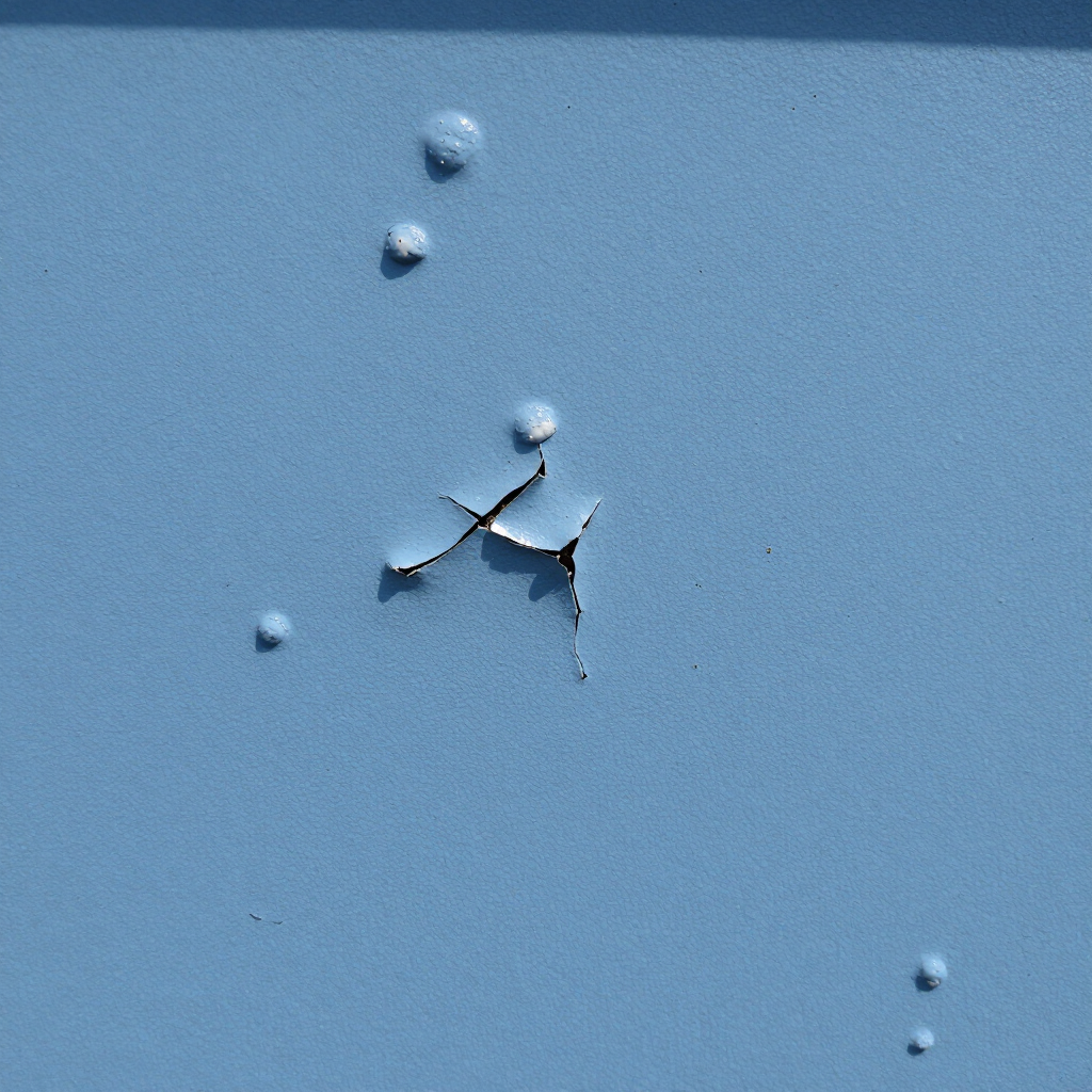 Blue wall with a small chipped spot and several tiny bubbles or droplets nearby